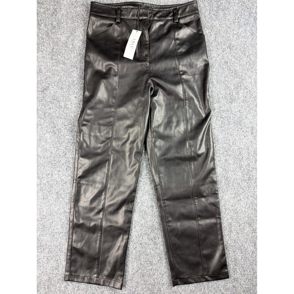 LBLC The Label Jen Vegan Trouser Black Faux Leather Straight Leg Pants Large NWT